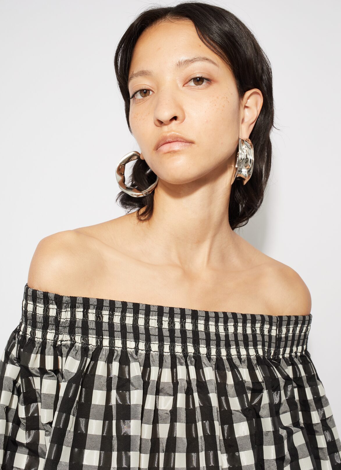 Vichy off-shoulder top ALAÏA BLACK VICHY OFF-SHOULDER TOP